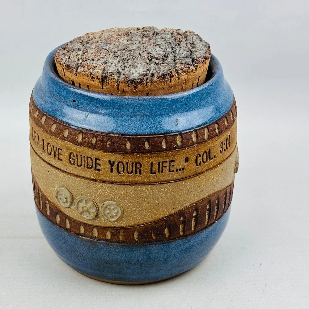 Down to Earth Pottery Jar Cork Lid Blue Let Love Guide Your Life Colossians 3:14
